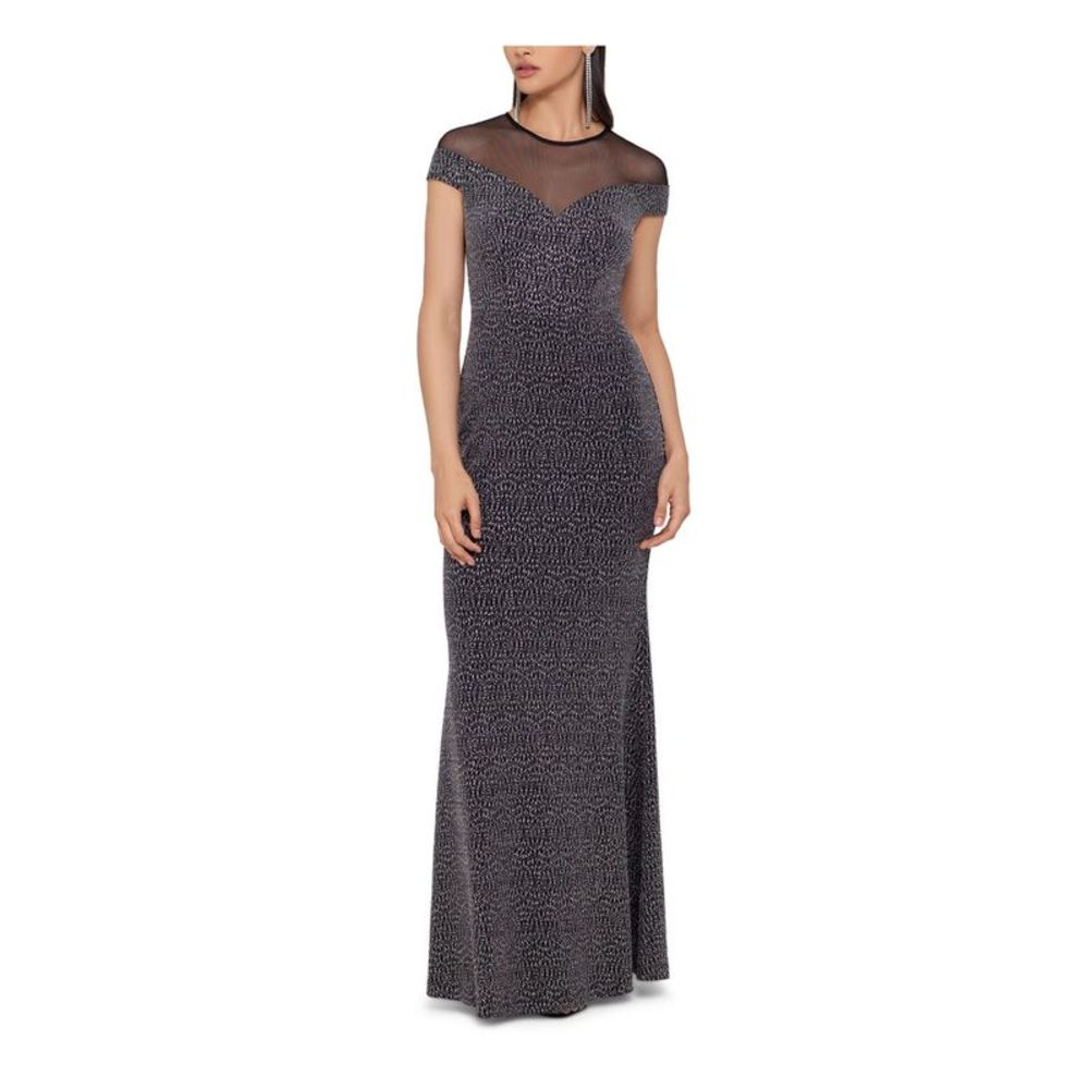 BETSY & ADAM Womens Black Illusion Short Sleeve Full-Length Sheath Dress 4